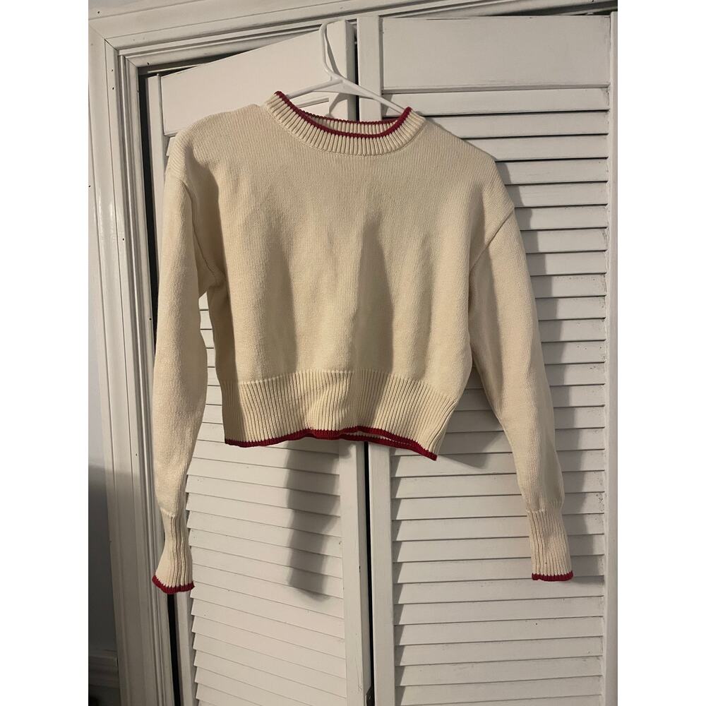 Minnow women's cropped cream sweater with red trim